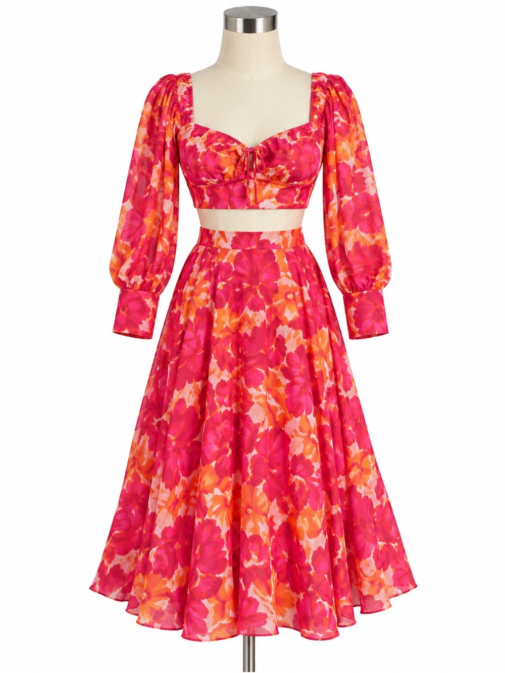 Hello Molly Two Piece Skirt Set Womens US 6 Pink Orange Floral Crop Top NWT